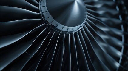 Close-up of a modern aircraft jet engine turbine, showcasing the intricate design and engineering complexity. Perfect for aerospace and engineering themes.