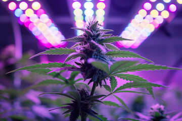 Cannabis plant under colorful LED grow lights, showcasing the vibrant growth. This image is perfect...