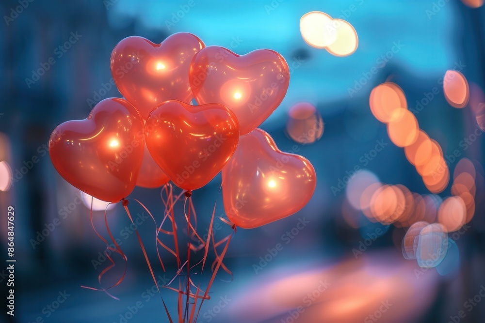 Poster Heart-shaped balloons glow softly against a backdrop of twinkling lights in an urban setting, creating a magical and romantic atmosphere. Generative AI