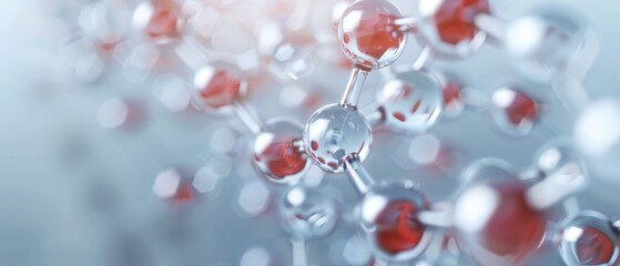 Close-up of a molecular structure with red and silver spheres, depicting scientific and chemical concepts in a blurred background.