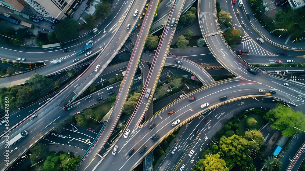 Poster expressway top view road traffic an important infrastructure drone aerial view fly in circle traffic