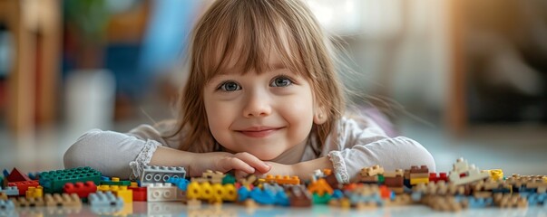 Little girl with bangs and a sweet smile plays with a colorful array of building blocks