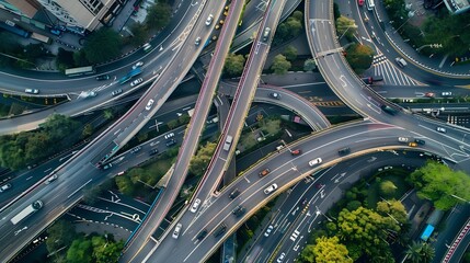 Expressway top view Road traffic an important infrastructure Drone aerial view fly in circle traffic transportation Public transport or commuter city life concept of economic and energ : Generative AI