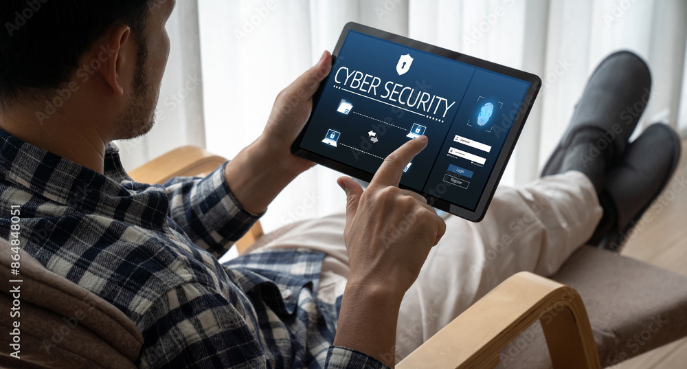 Poster cyber security system on computer screen protect private information snugly from hacker and cyber at