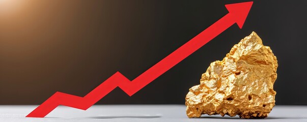 Golden rock and red upward arrow representing growth, success, and financial prosperity concept on dark background.