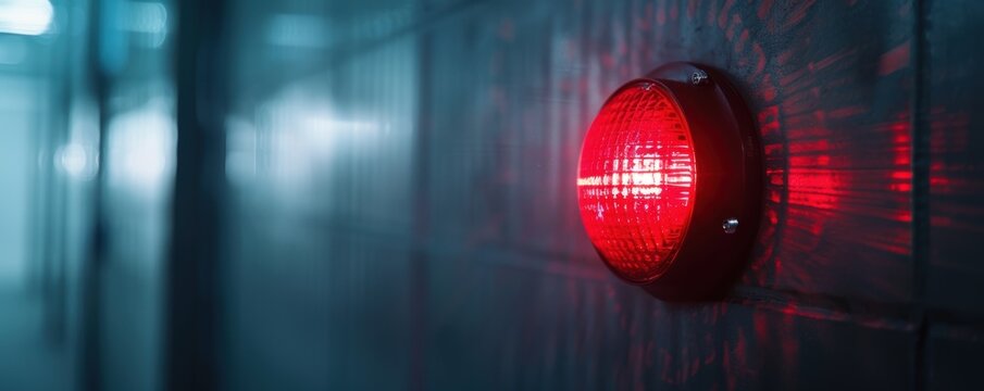 Close-up of a red emergency light on a dimly lit wall, signaling alert or warning in an industrial or security setting.