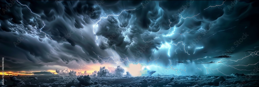 Poster captivating image of a thunderstorm, showcasing lightning and rain against dark clouds in a powerful