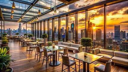 Luxurious rooftop cocktail bar and restaurant boasts stunning panoramic views of the city skyline at sunset with modern decor.