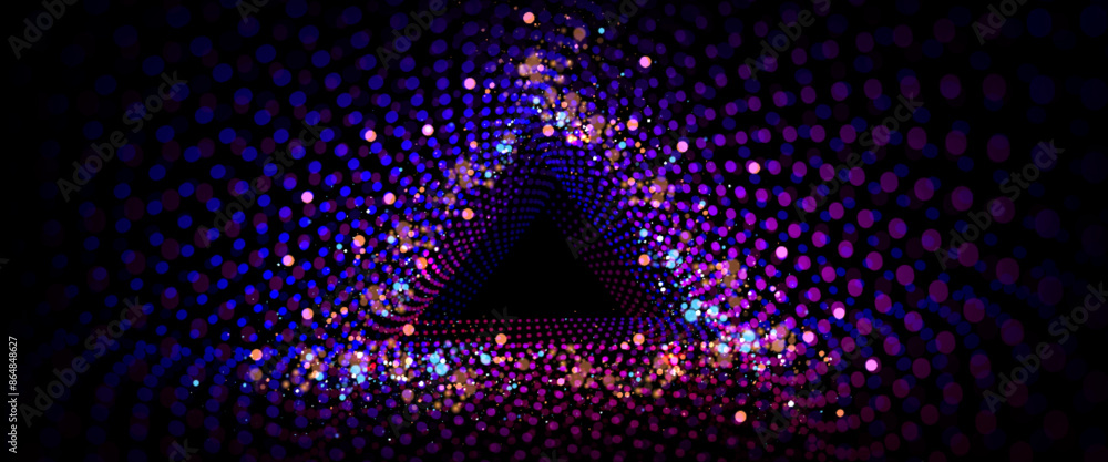 Poster triangular light tunnel background for disco party. abstract cyber glow design with perspective tria