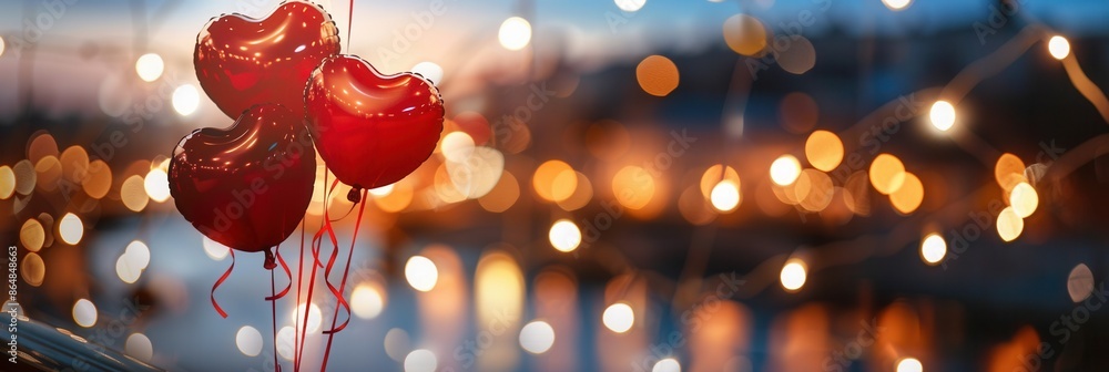 Aufkleber red heart-shaped balloons in the foreground with a blurred cityscape of twinkling lights behind. gen