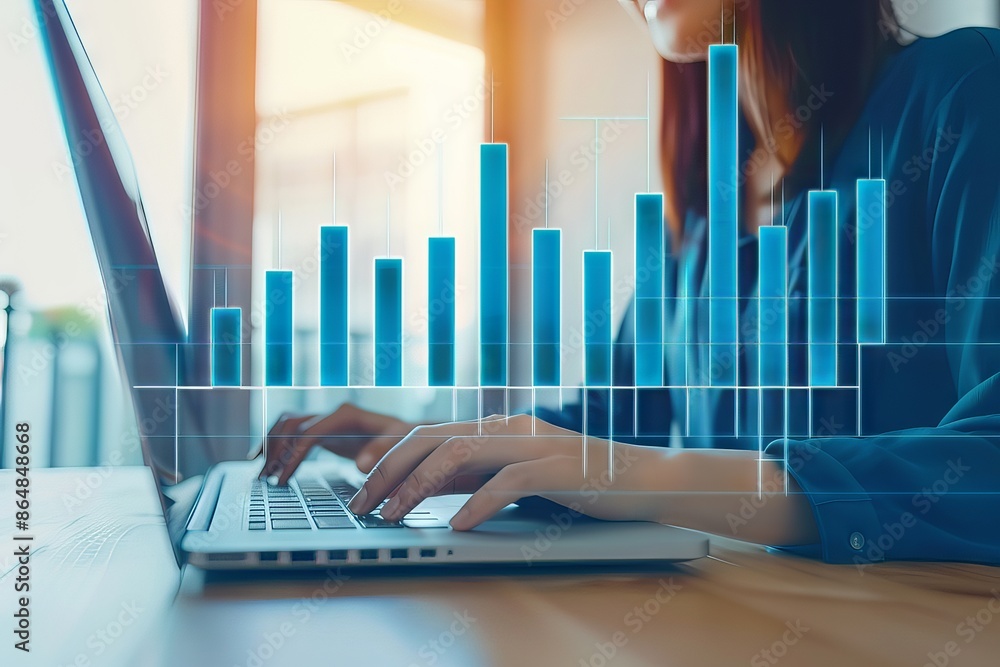 Poster professional woman using laptop with virtual graph data overlay. business analytics and technology c
