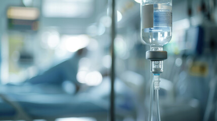 Close-up of an intravenous drip in a hospital setting with a blurred patient in the background.
