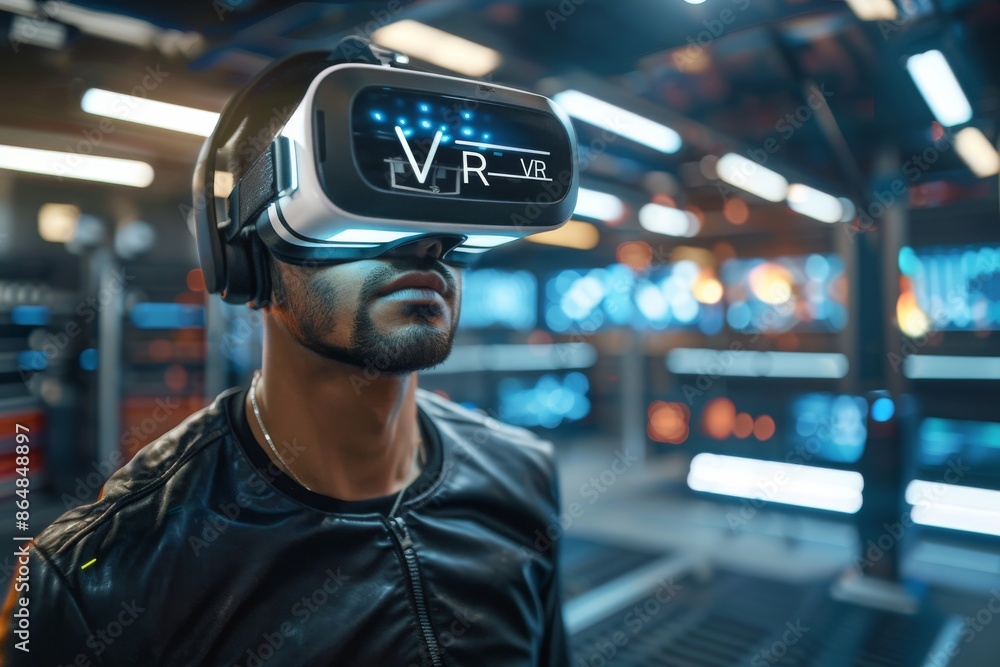 Poster man using vr headset in a tech-filled environment, exploring virtual reality and advanced gaming tec