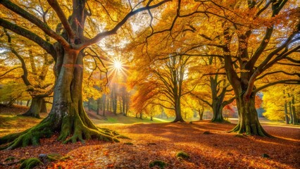 Vibrant autumn forest with yellow fallen leaves surrounds ancient trees, warm sunlight filtering through, serene rural landscape on display.