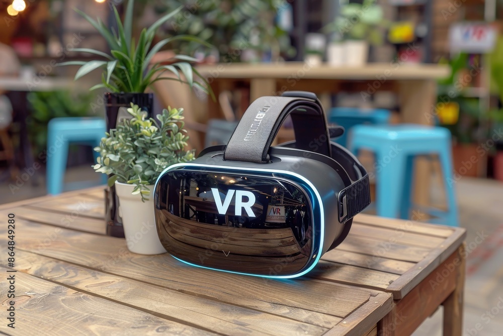 Aufkleber vr headset on a table in a modern setting, representing the future of virtual reality and interactiv
