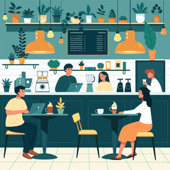 Cafe interior front view with lots of green plants and people having a coffee, talking and making orders.