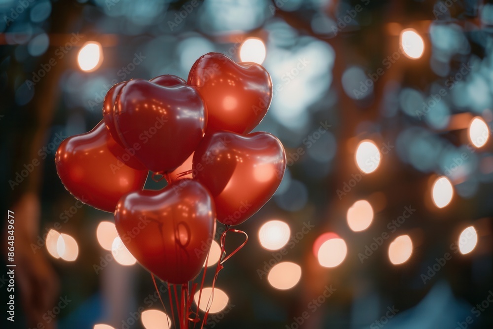 Poster close-up of red heart-shaped balloons with warm lights in the background. ideal for restaurants and 