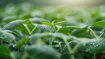 Close-up of fresh green leaves with dewdrops in a lush garden, showcasing the beauty and vitality of nature in the early morning light.