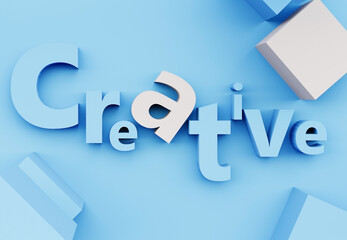 3D letters art creative sign on light blue background. 3d model business concept. Art, technology, business, creativity, modern development concept