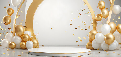 Fototapeta premium Podium birthday balloon gift gold background product festive golden stand platform winner stage. Balloon 3d confetti birthday party pedestal podium display anniversary scene premium award card banner
