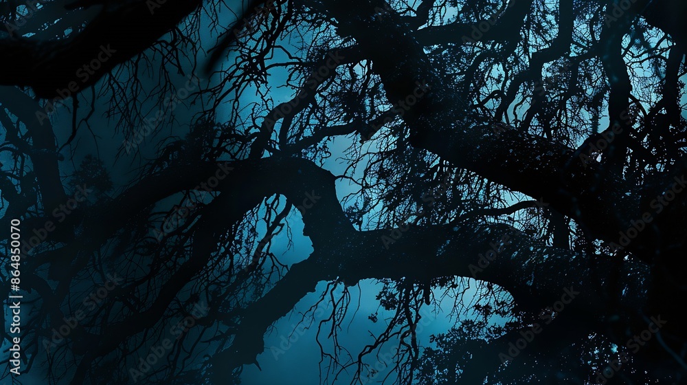 Poster leafless oak tree branches silhouette black and blue natural oak tree branches silhouette on a blue 