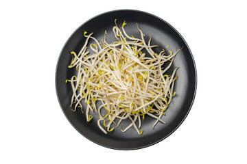 bunch of fresh bean sprout  on black plate, isolated on white background