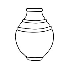 Simple line vase black and white vector illustration. Ancient empty jug for wine or tree plant in Greek style. Ink drawing for coloring pages