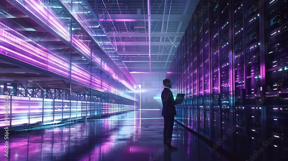 Leinwandbilder Futuristic 3D Concept Big Data Center Chief Technology Officer Using Laptop Standing In Warehouse Information Digitalization Lines Streaming Through Servers SAAS Cloud Computing Web Se : Generative AI