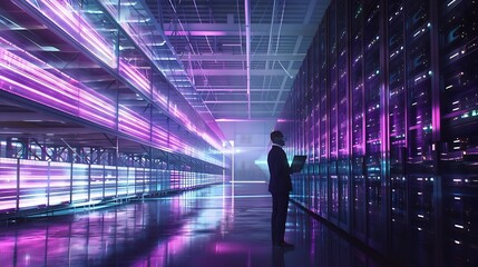 Futuristic 3D Concept Big Data Center Chief Technology Officer Using Laptop Standing In Warehouse Information Digitalization Lines Streaming Through Servers SAAS Cloud Computing Web Se : Generative AI