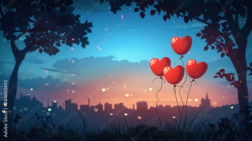 Poster a romantic evening scene with heart-shaped balloons floating against a cityscape skyline. generative