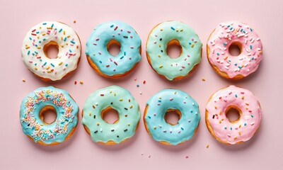 Close up of multiple donuts with assorted colors and sprinkles