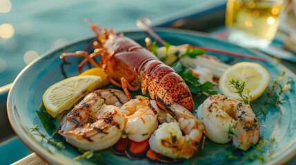 A gourmet summer grilled seafood dish, beautifully plated on a ceramic plate