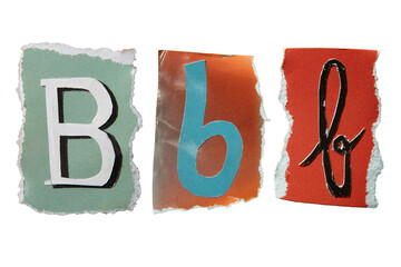 B alphabet torn from a magazine paper. Ransom note style letters.