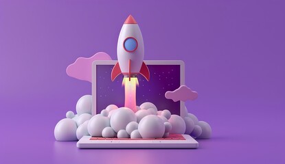 easter bunny with eggs computer with space for text A 3D rocket is taking off from a laptop against a purple background, with white and pink colors in the scene. The style is minimalistic with simple 