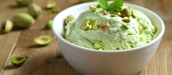 Obraz premium Close-up of a bowl of pistachio ice cream topped with green pistachio nuts on a wooden kitchen counter. Refreshing summer dessert.