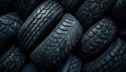 Close-up of various black tires with different tread patterns, arranged in a pile. Perfect for automotive, mechanic, or tire-related use.