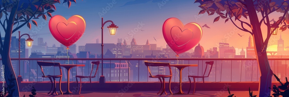 Poster an intimate table setting on a rooftop, complete with heart-shaped balloons floating in the air, cre