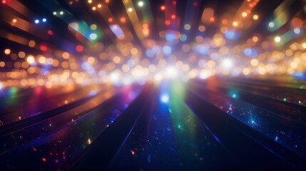 Vibrant rays of defocused multicolored light against a bokeh background.