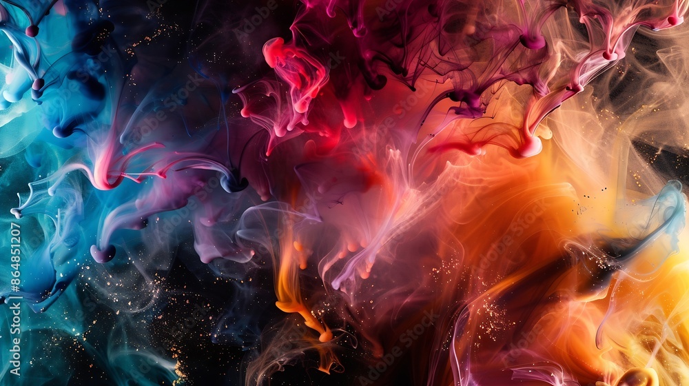 Leinwandbilder Colorful dyes mixed on a fluid art texture Background with colored waves and streams Modern abstract backdrop is created with splatter inks Liquid and smooth forms that were made by mi : Generative AI