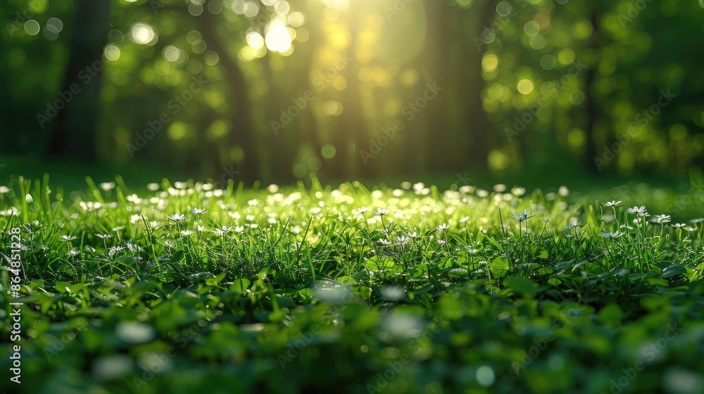 Poster background image of sunlight filtering through trees in a lush forest. soft light nature photography