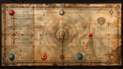 An antique map of the universe, featuring a detailed diagram with colored circles and an ornate frame.