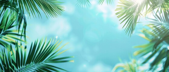 Lush tropical greenery with palm leaves against a bright blue sky