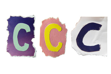 C alphabet torn from a magazine paper on white background. Ransom note style letters.