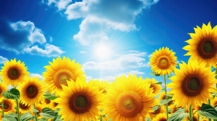 Fototapeta premium Captivating field of golden sunflowers reaching towards the sky, basking in sunlight, creating a radiant and picturesque view.