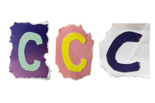 C alphabet torn from a magazine paper on white background. Ransom note style letters.