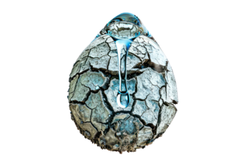 A single water drop falls onto a cracked, dry earth, symbolizing the fragility and importance of water.