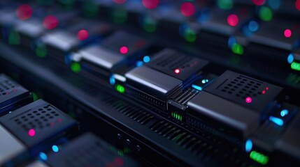 Close-up view of server racks with illuminated indicator lights, showcasing advanced data storage and processing technology.
