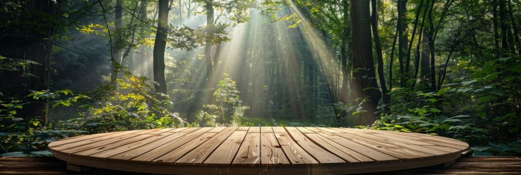 Round wooden stage surrounded by trees, creating a tranquil environment for displays