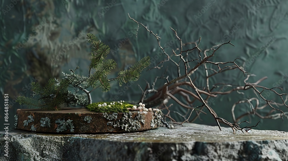 Poster abstract north nature scene with a composition of lichen pine branches and dry snags place your prod