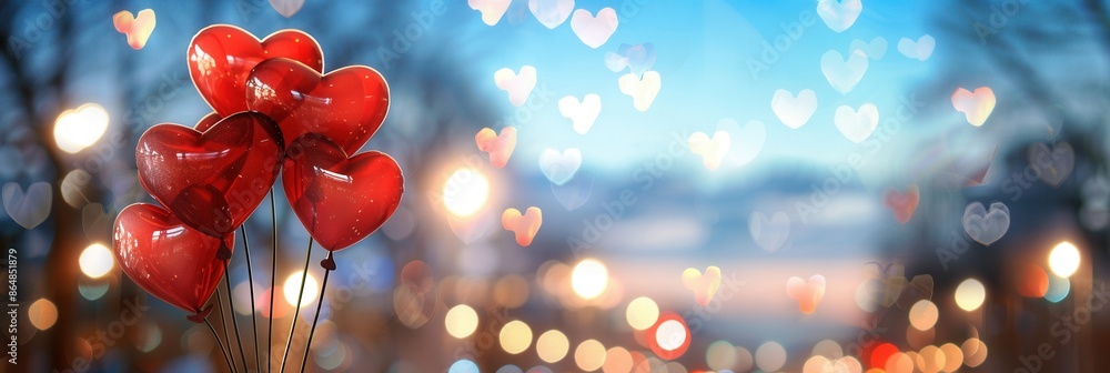 Poster Red heart-shaped balloons float against a backdrop of city lights, creating a romantic and intimate scene. Ideal for restaurant and event planners. Generative AI